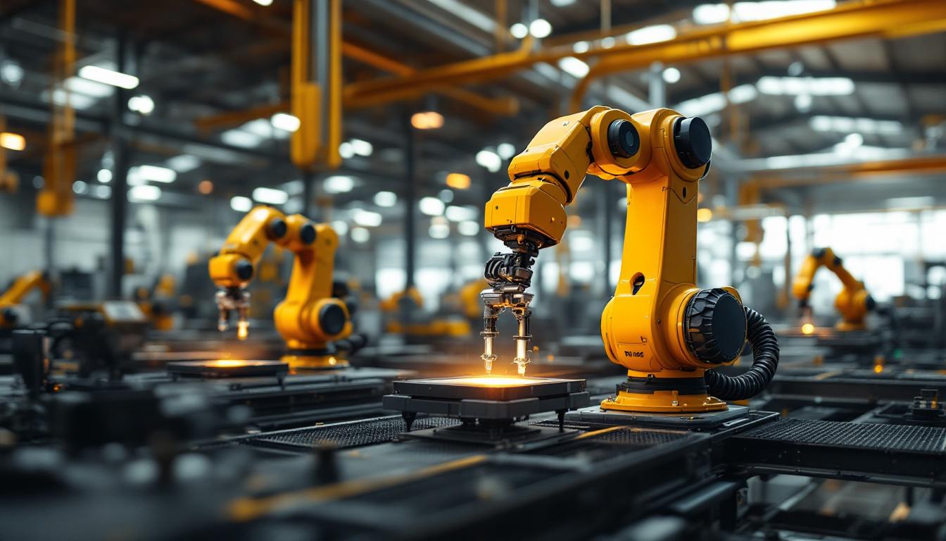A photograph of a bustling industrial setting featuring advanced robotic machinery in action