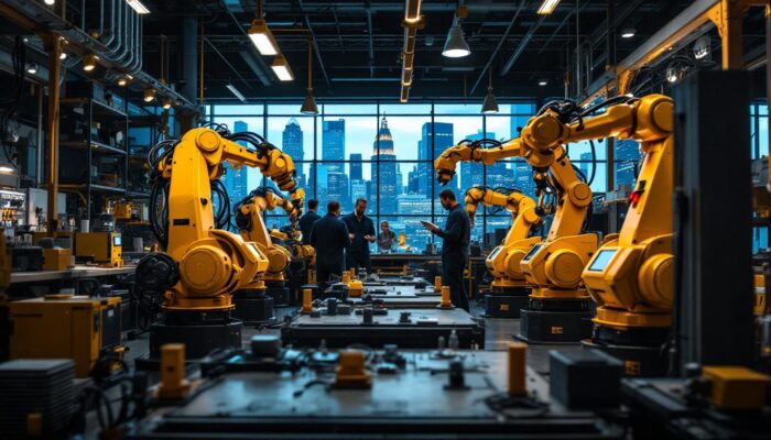 A photograph of a dynamic industrial robotics workspace in boston