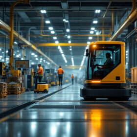 A photograph of a well-lit industrial setting showcasing an automated guided vehicle (agv) in action