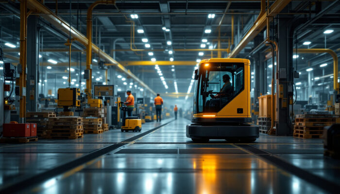 A photograph of a well-lit industrial setting showcasing an automated guided vehicle (agv) in action