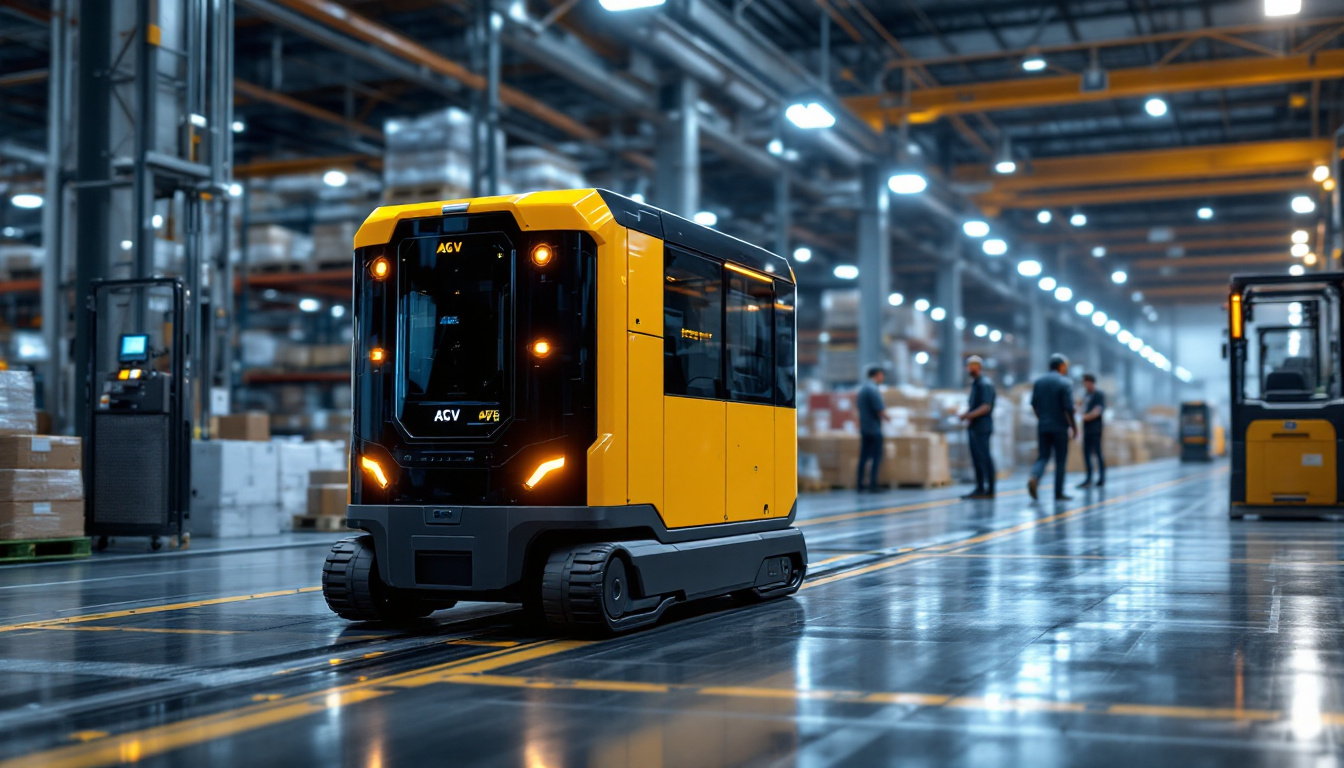 A photograph of a forklift agv (automated guided vehicle) in action within a bustling industrial warehouse