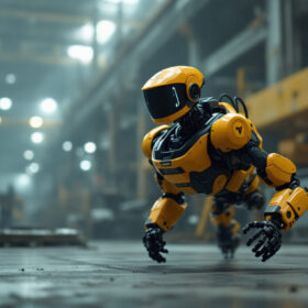A photograph of capture a photograph of the boston dynamics spot robot in an industrial setting
