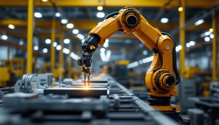 A photograph of a sleek industrial robotic arm in action within a modern warehouse setting