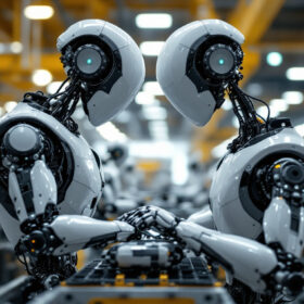 A photograph of a sleek industrial robot in action within a manufacturing environment