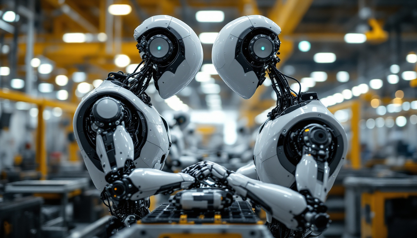A photograph of a sleek industrial robot in action within a manufacturing environment