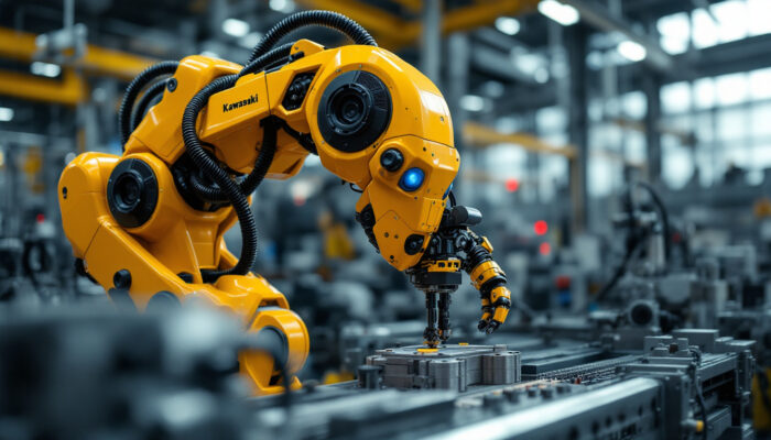 A photograph of a kawasaki industrial robot in action within a manufacturing environment
