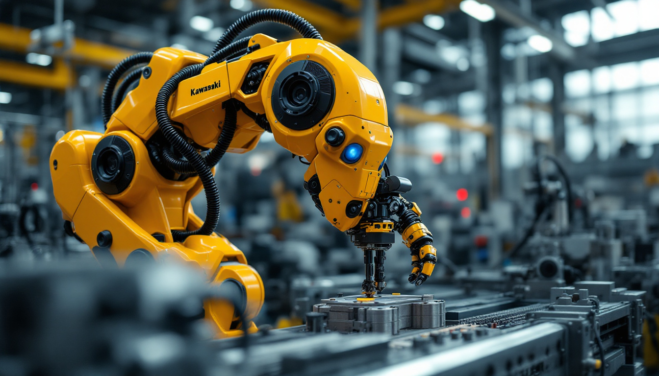 A photograph of a kawasaki industrial robot in action within a manufacturing environment