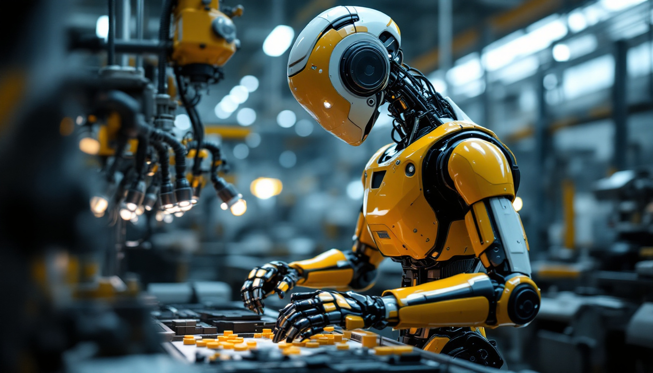 A photograph of a sleek industrial robot in action within a manufacturing environment