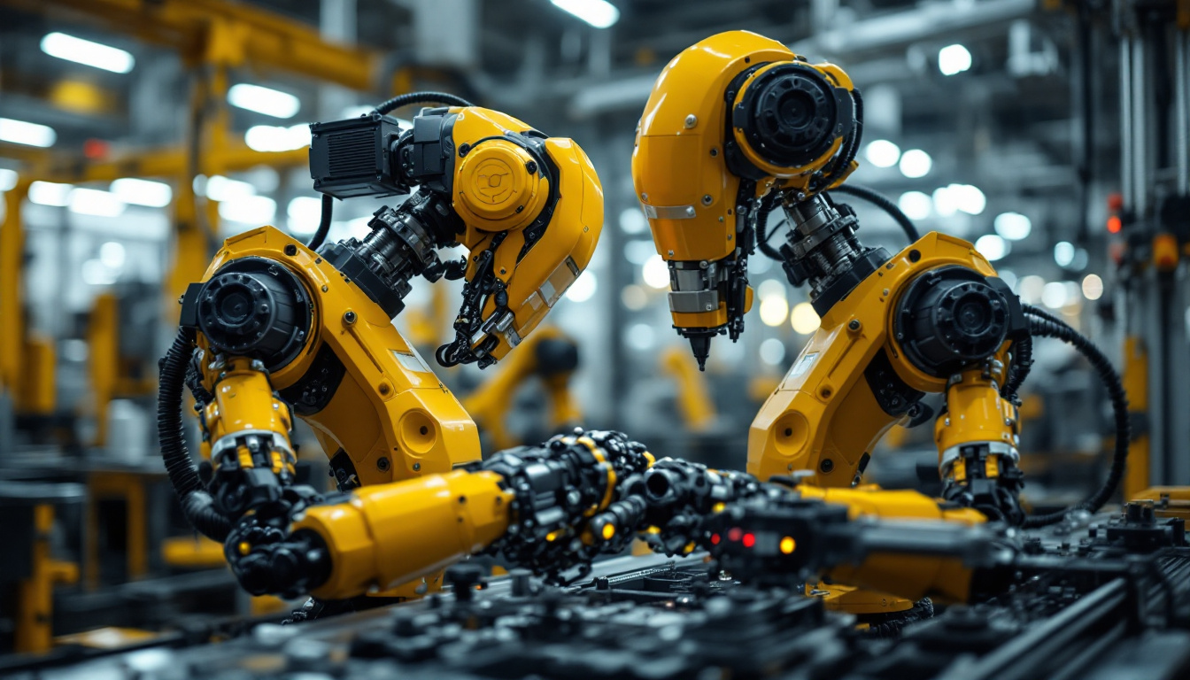 A photograph of capture a photograph of an industrial robot in action within a manufacturing environment