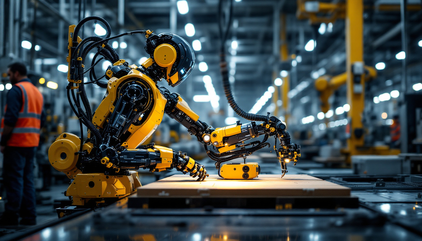 A photograph of a modern industrial robot in action on a factory floor