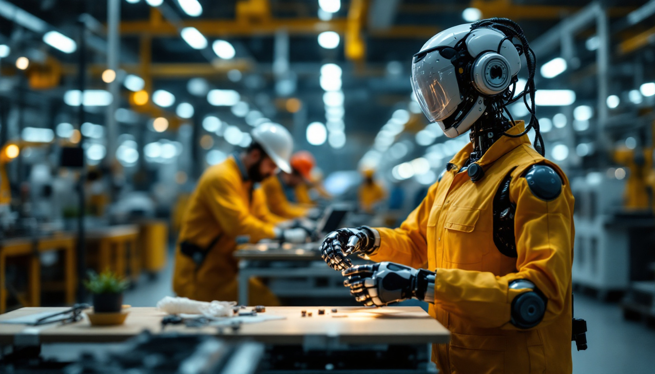 A photograph of a modern industrial robot working alongside human workers on a factory floor