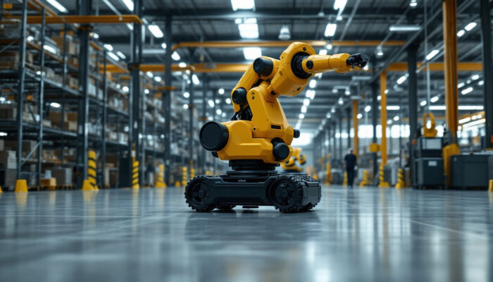 A photograph of a mobile industrial robot in action within a modern warehouse setting