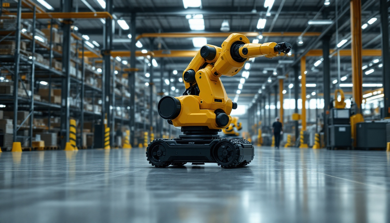 A photograph of a mobile industrial robot in action within a modern warehouse setting