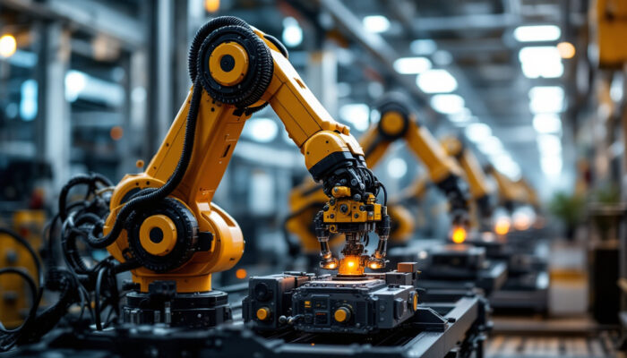 A photograph of a dynamic industrial setting showcasing a robotic arm in action