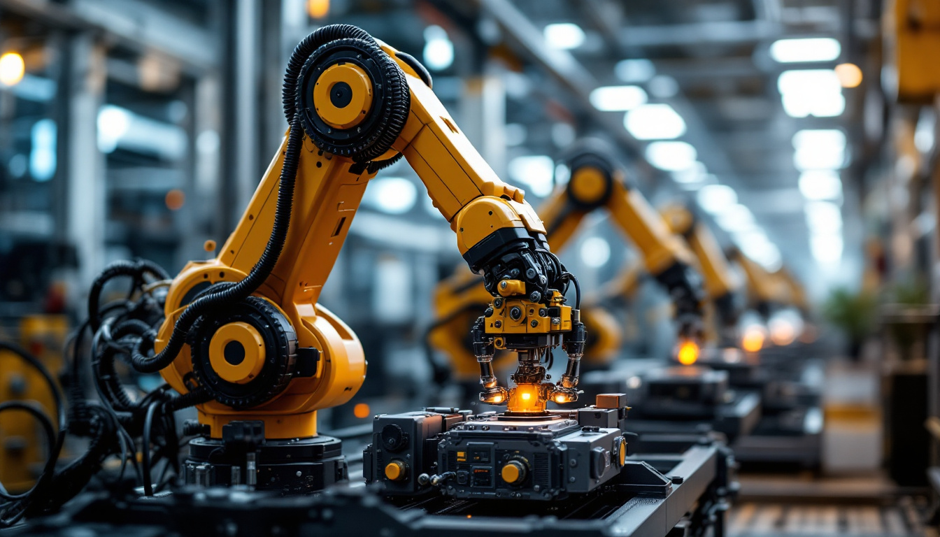 A photograph of a dynamic industrial setting showcasing a robotic arm in action