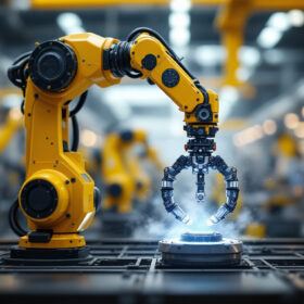 A photograph of a sleek industrial robotic arm in action