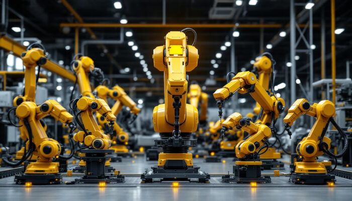 A photograph of a diverse range of industrial robots in action within a manufacturing environment