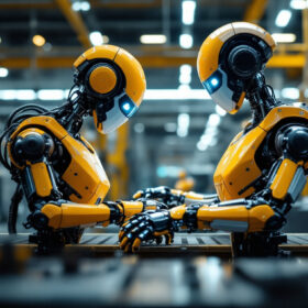 A photograph of a modern industrial robot in action within a manufacturing environment