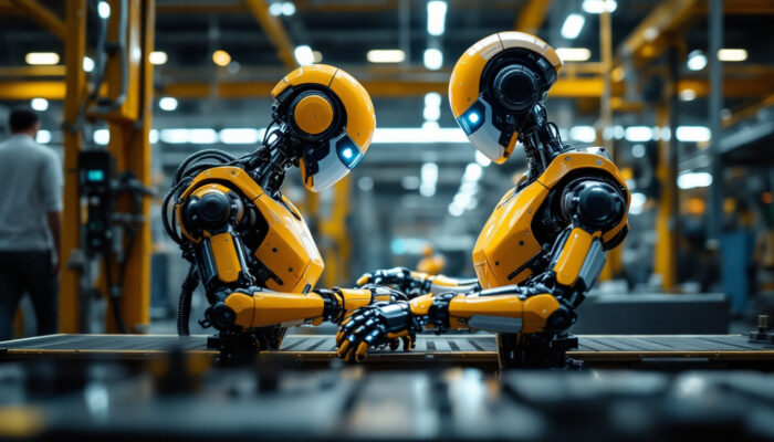 A photograph of a modern industrial robot in action within a manufacturing environment