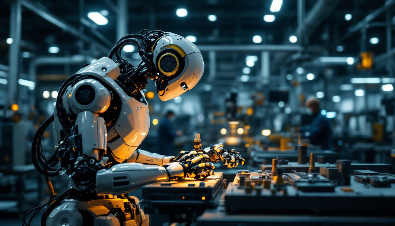 A photograph of a modern industrial robot in action on a factory floor