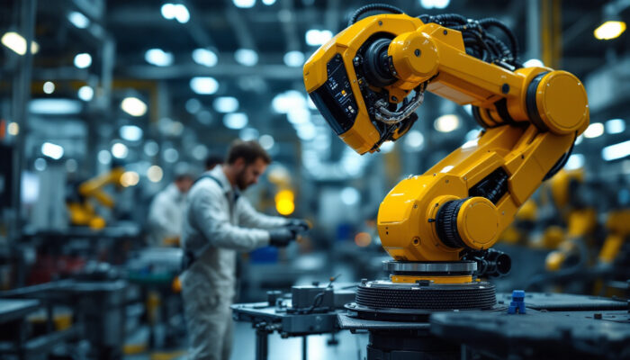 A photograph of a sleek industrial robot in action