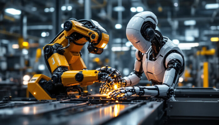 A photograph of a sleek industrial robot in action within a manufacturing setting