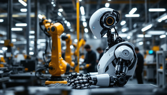 A photograph of a universal robots collaborative robot (cobot) in action within an industrial setting