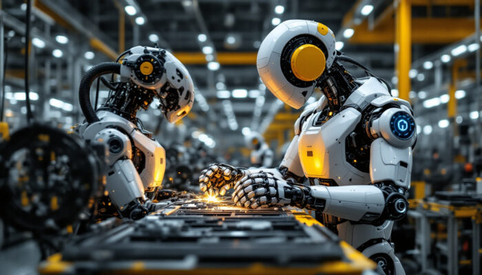 A photograph of a sleek industrial robot in action within a manufacturing environment
