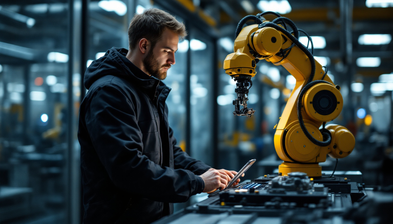 A photograph of a skilled technician programming or operating an industrial robot in a modern manufacturing facility