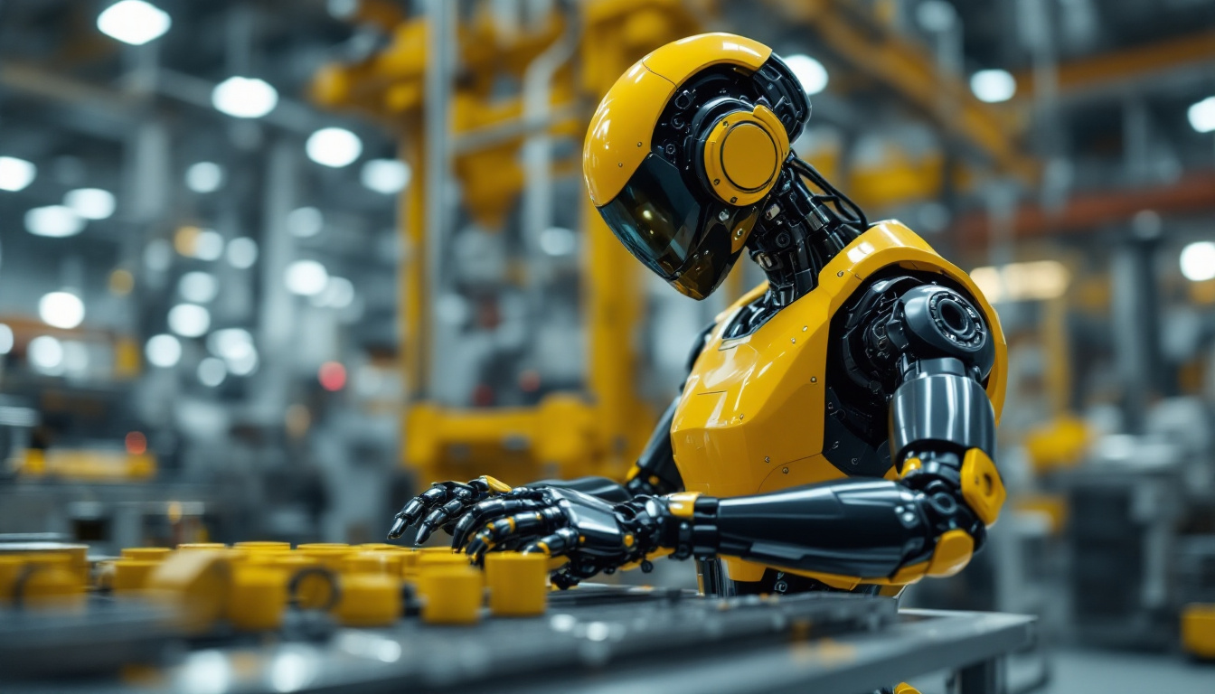 A photograph of a sleek industrial robot in action within a manufacturing environment