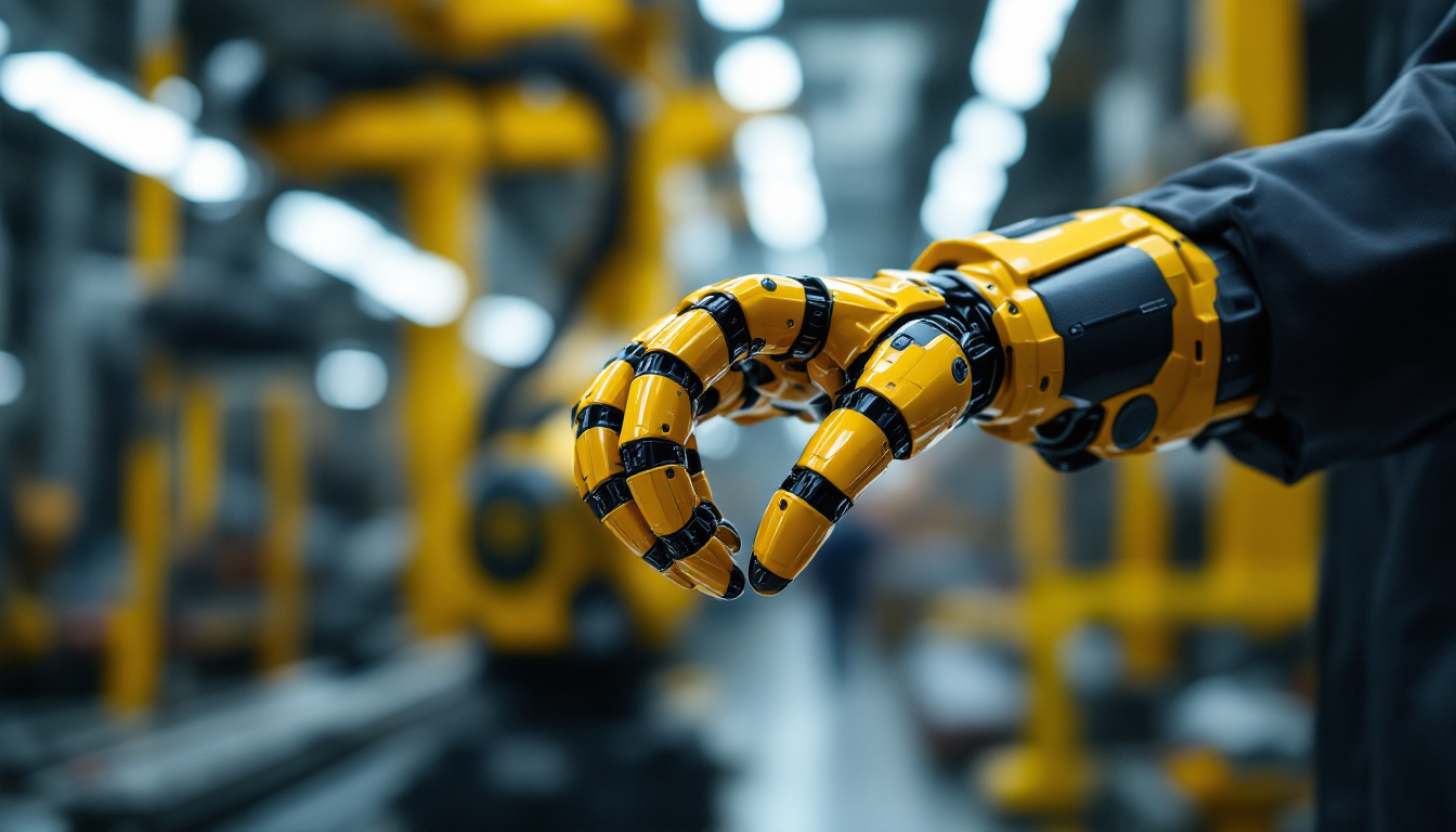 A photograph of a skilled technician operating a sophisticated industrial robotic hand in a modern manufacturing environment