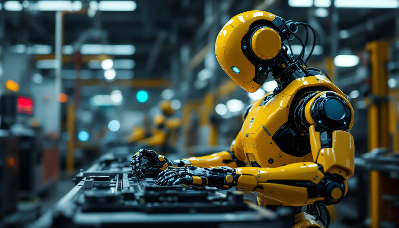 A photograph of a sleek industrial robot in action within a modern manufacturing environment
