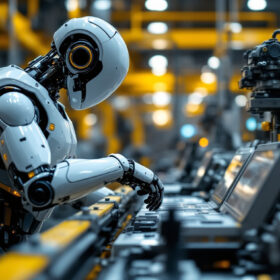 A photograph of a sleek industrial robot in action on a factory floor