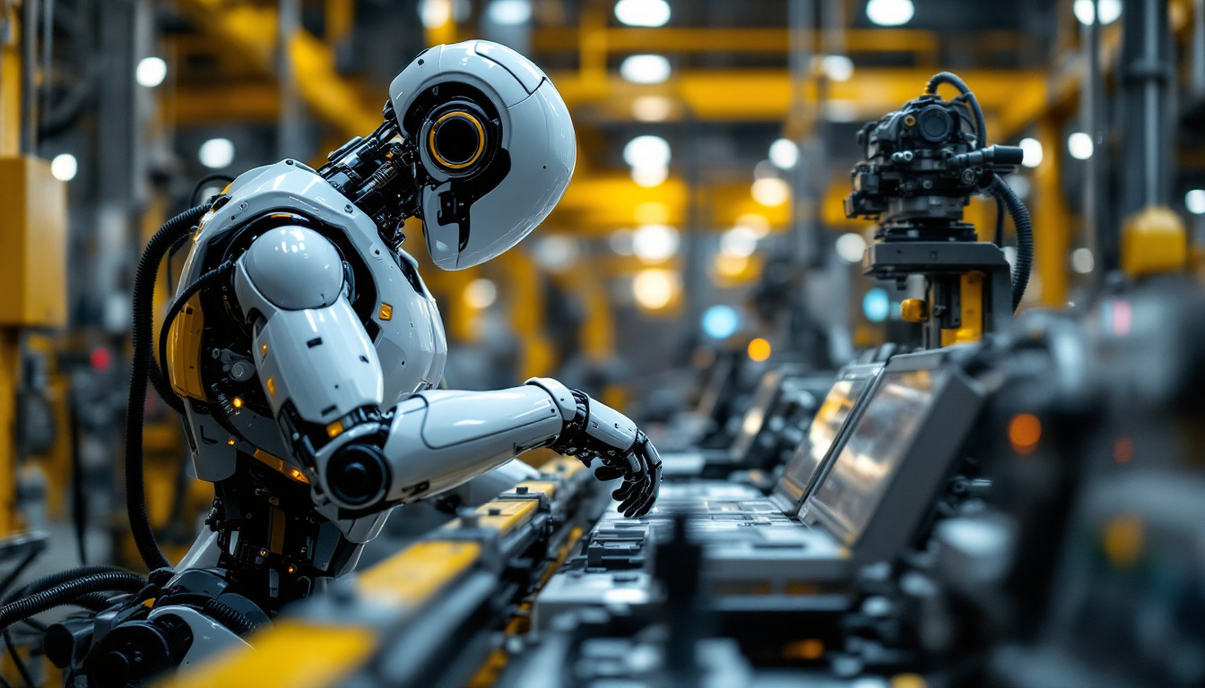 A photograph of a sleek industrial robot in action on a factory floor