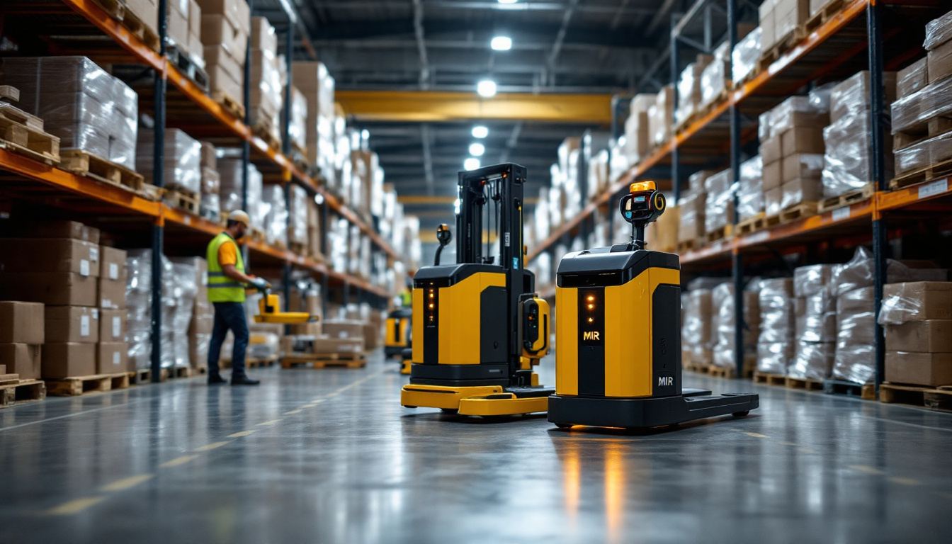 A photograph of capture a photograph of a mir pallet jack in action within an industrial warehouse setting