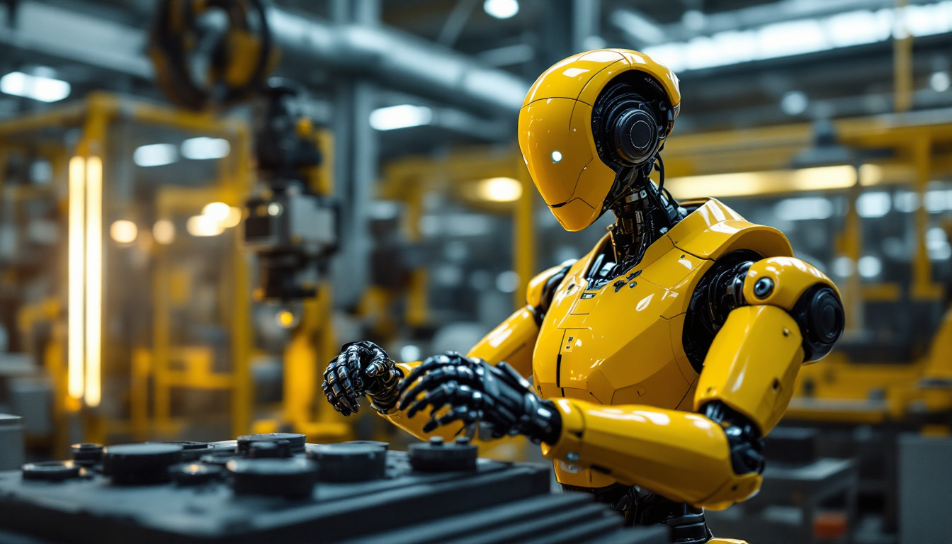A photograph of a sleek industrial robot in action within a modern manufacturing facility
