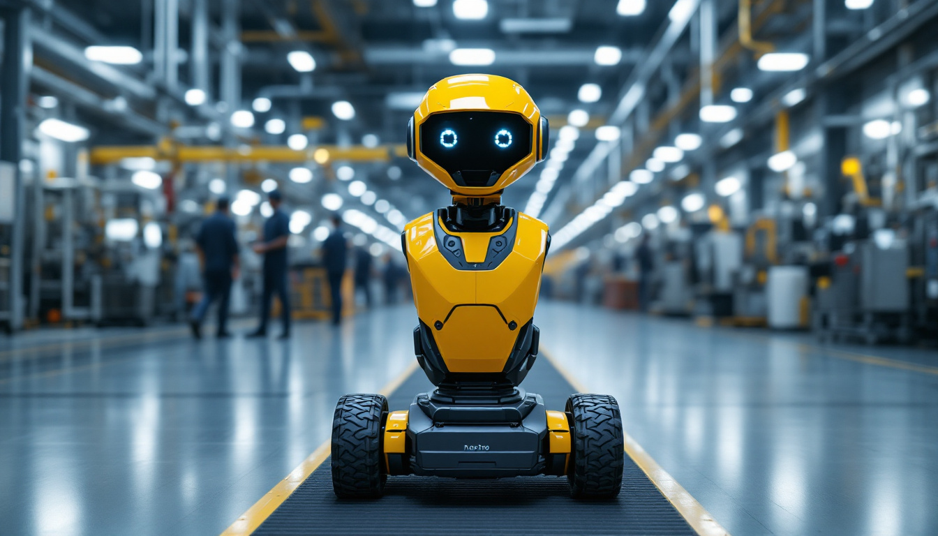 A photograph of capture a photograph of an industrial mobile robot navigating through a modern manufacturing facility