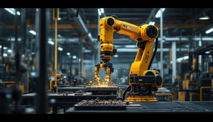 A photograph of a mir 600 industrial robot in action within a modern manufacturing environment