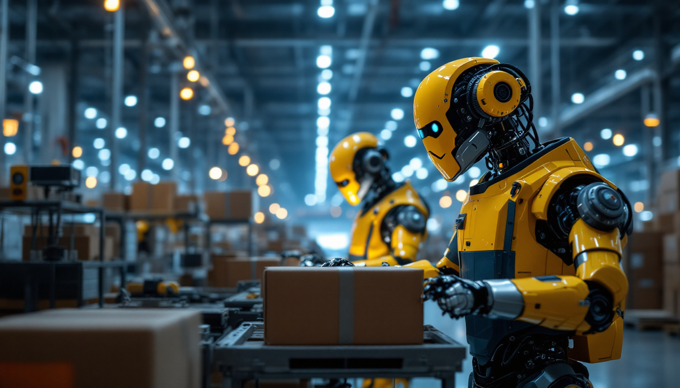 A photograph of a modern logistics facility showcasing industrial robots in action