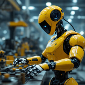 A photograph of capture a photograph of tesla's optimus robot in an industrial setting