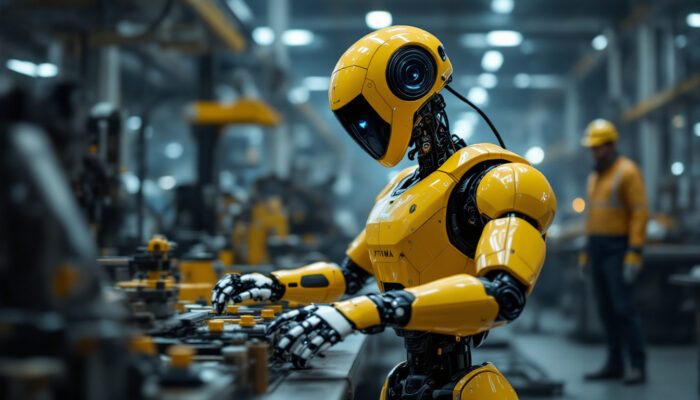 A photograph of capture a photograph of tesla's optimus robot in an industrial setting