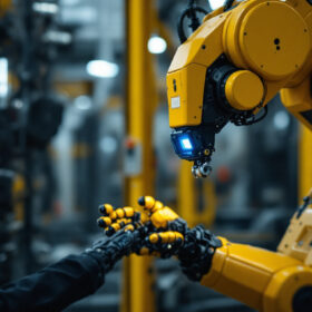 A photograph of a skilled technician interacting with an industrial robot equipped with a deadman switch
