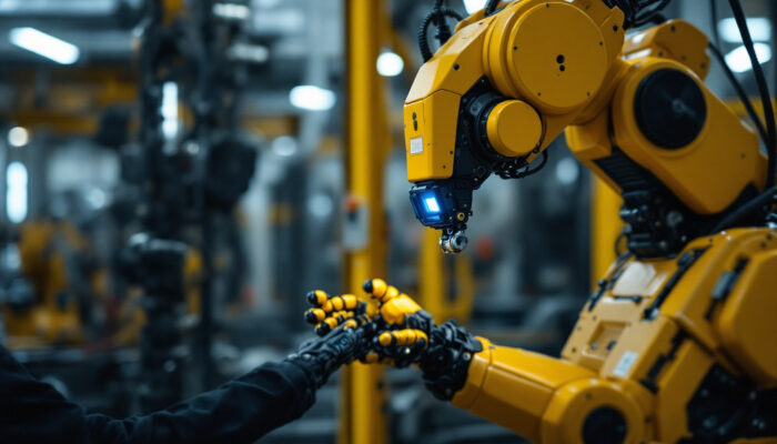 A photograph of a skilled technician interacting with an industrial robot equipped with a deadman switch