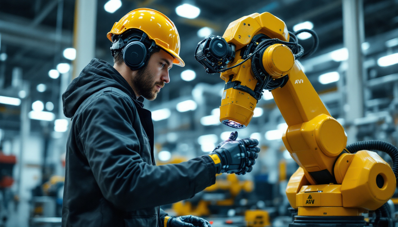 A photograph of a skilled operator wearing an agv helmet while interacting with an industrial robot in a modern manufacturing environment