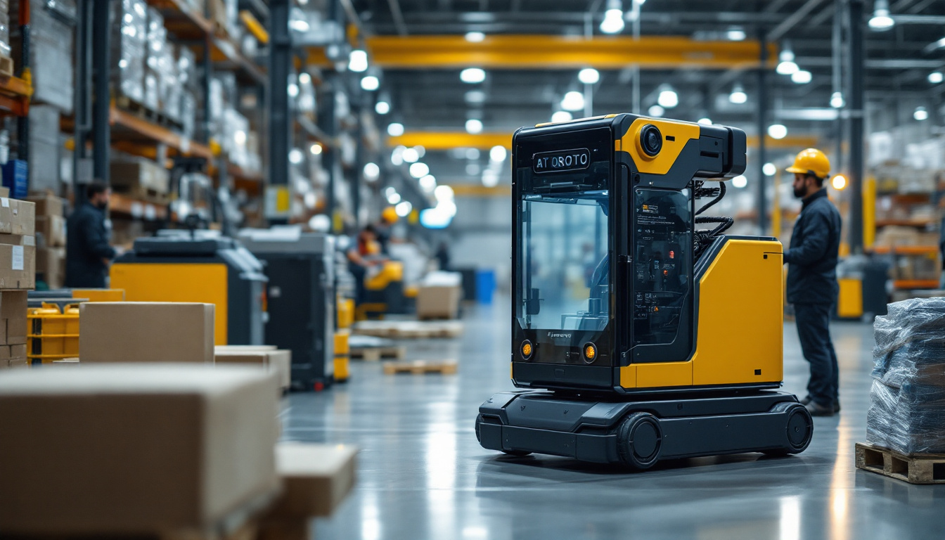 A photograph of capture a photograph of an autonomous pallet robot in action within a bustling warehouse environment