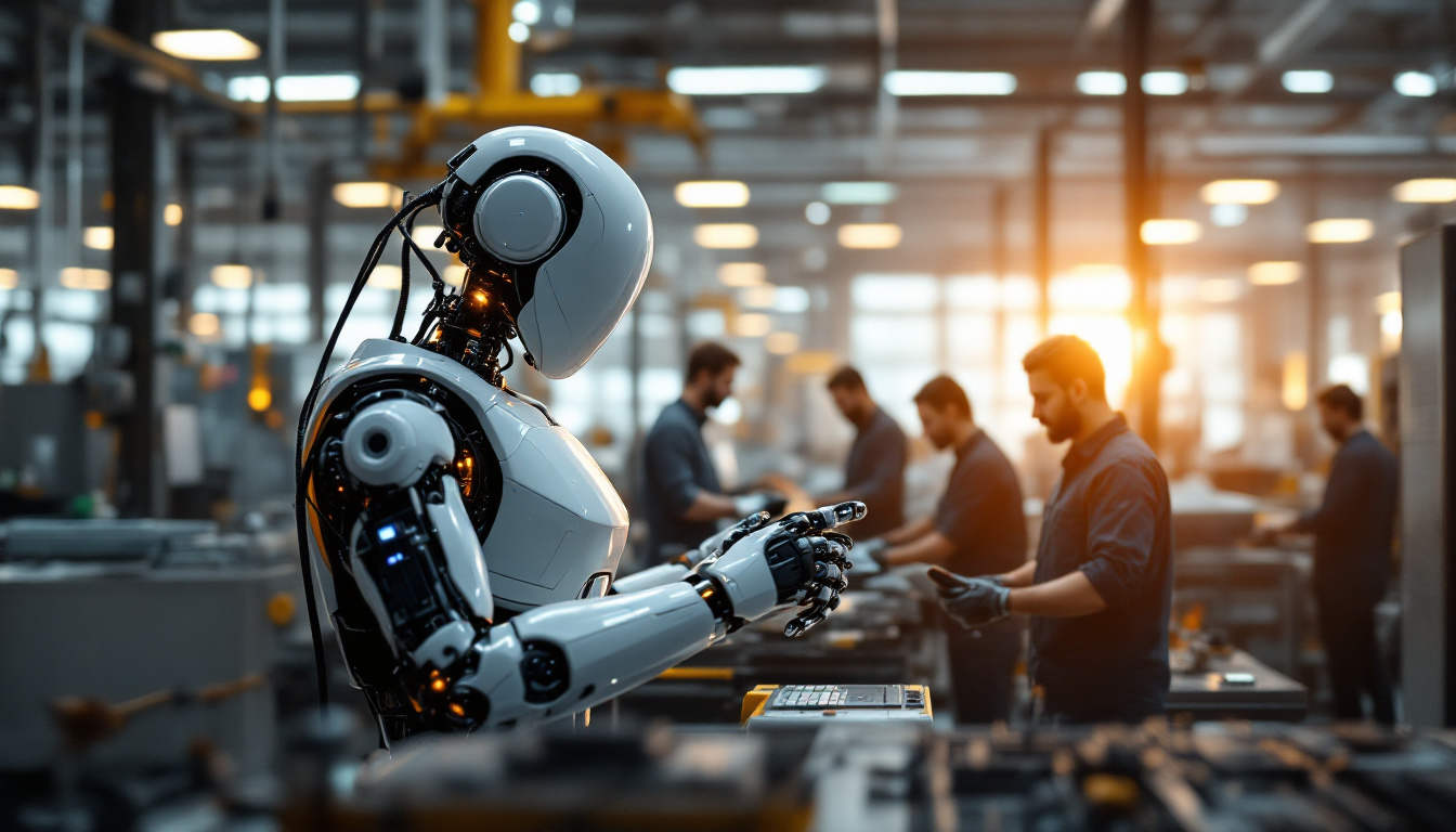 A photograph of a sleek industrial robot in action within a modern manufacturing facility