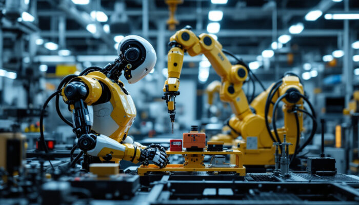 A photograph of a modern industrial robot in action within a manufacturing environment