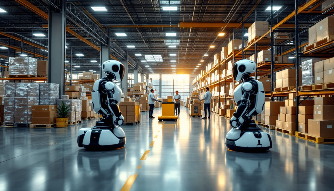 A photograph of a busy autonomous warehouse environment