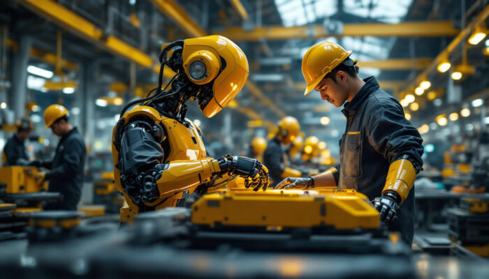 A photograph of a modern industrial robot in action within a bustling chinese manufacturing facility