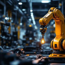 A photograph of a sleek industrial robotic arm in action